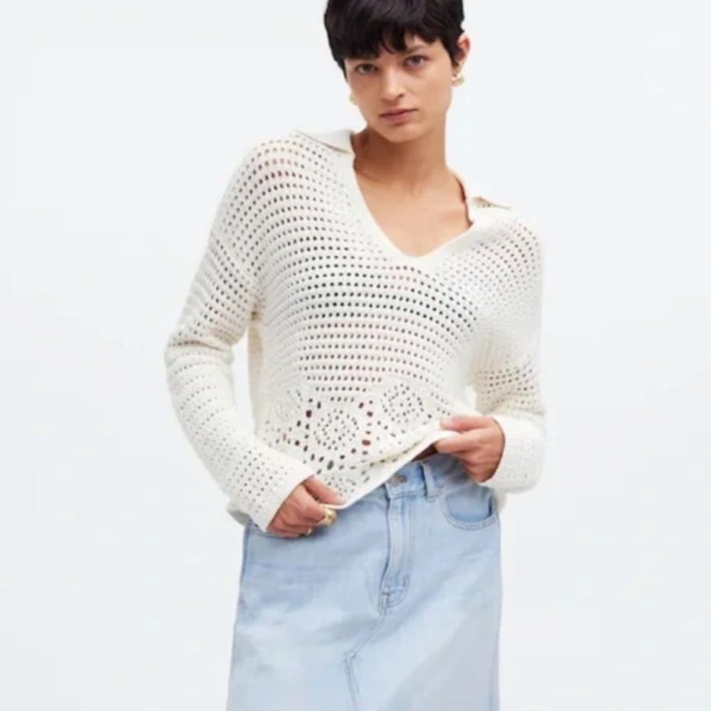 Madewell Crochet Polo Sweater Cream Cotton Open Knit Size L
